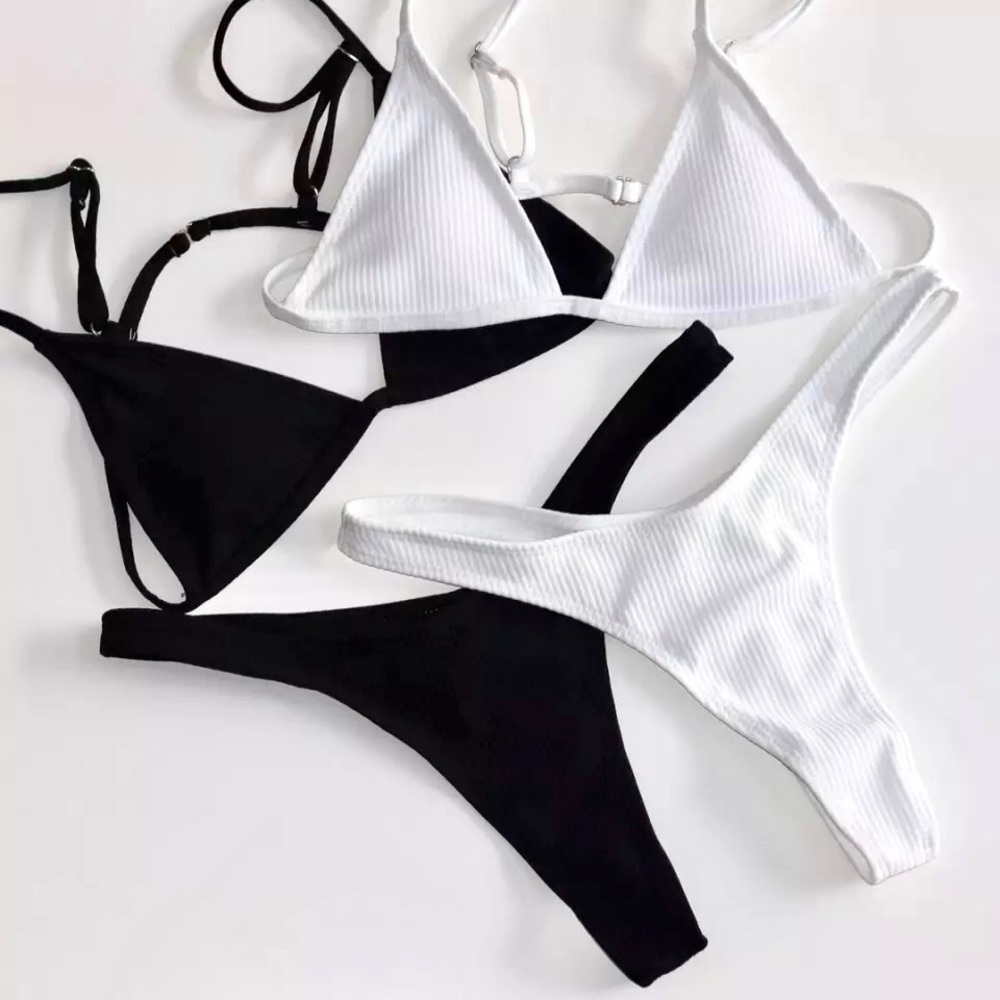 Black Ribbed Triangle Bikini Set